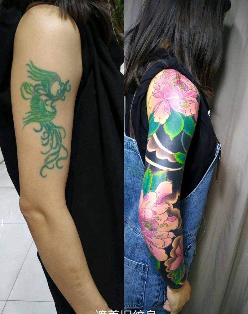 牡丹花臂遮盖旧纹身纹身图片_手臂老传统新传统遮盖旧纹身纹身图案