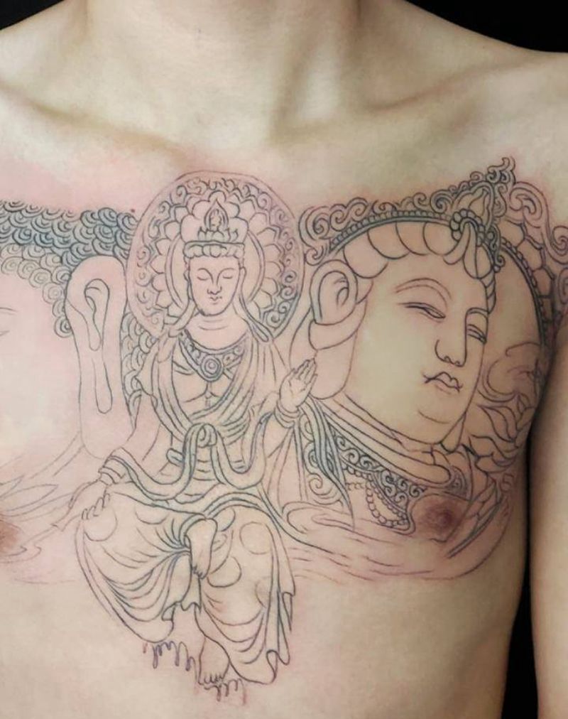 三面佛纹身图片_胸部新传统纹身图案