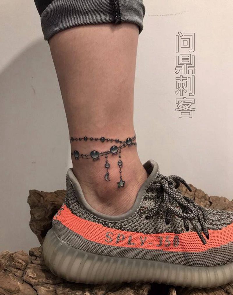 脚链纹身图片_脚部几何纹身图案