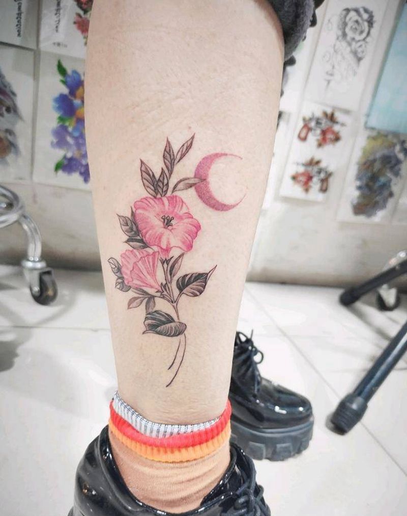 淡彩素花纹身图片_腿部牵牛花 月亮纹身图案