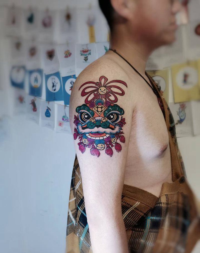 舞狮纹身图片_手臂肩部New School水彩舞狮纹身唐狮子狮子纹身图案
