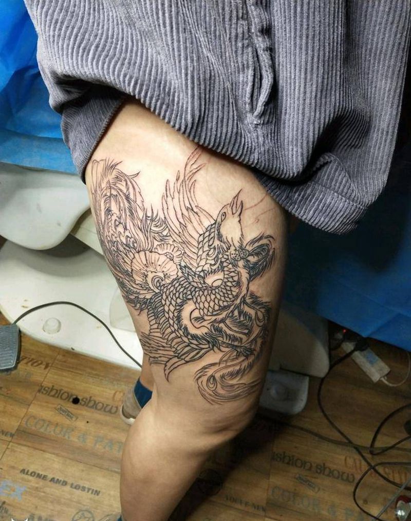 凤凰纹身图片_腿部传统动物手稿纹身图案