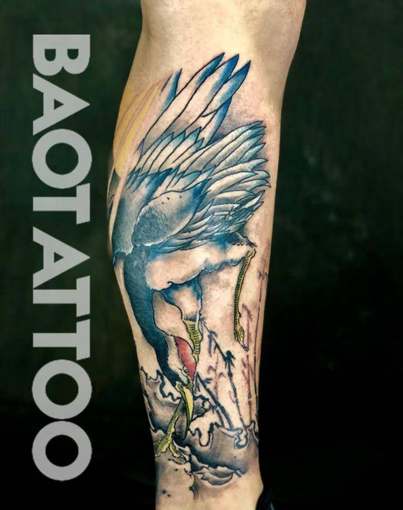 仙鹤纹身图片_腿部新传统纹身图案