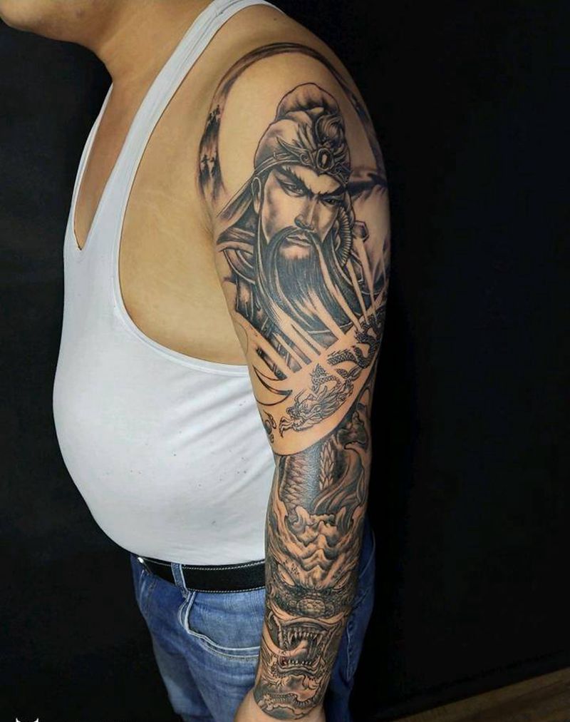 关公祥龙护长城纹身图片_肩部手臂传统肖像成品手稿纹身图案