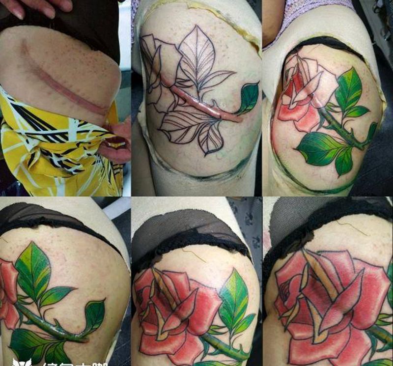 美化疤痕的纹身纹身图片_腿部欧美写实玫瑰纹身图案