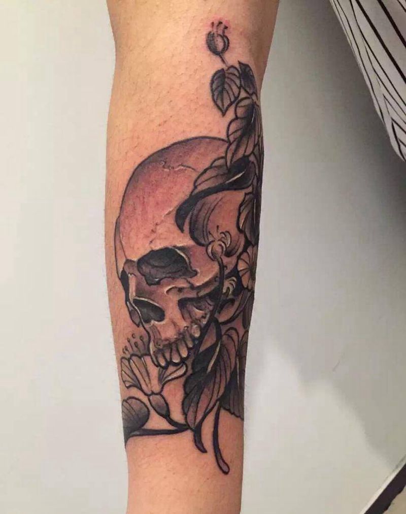 骷髅纹身图片_成品手臂传统植物静物鬼神纹身图案