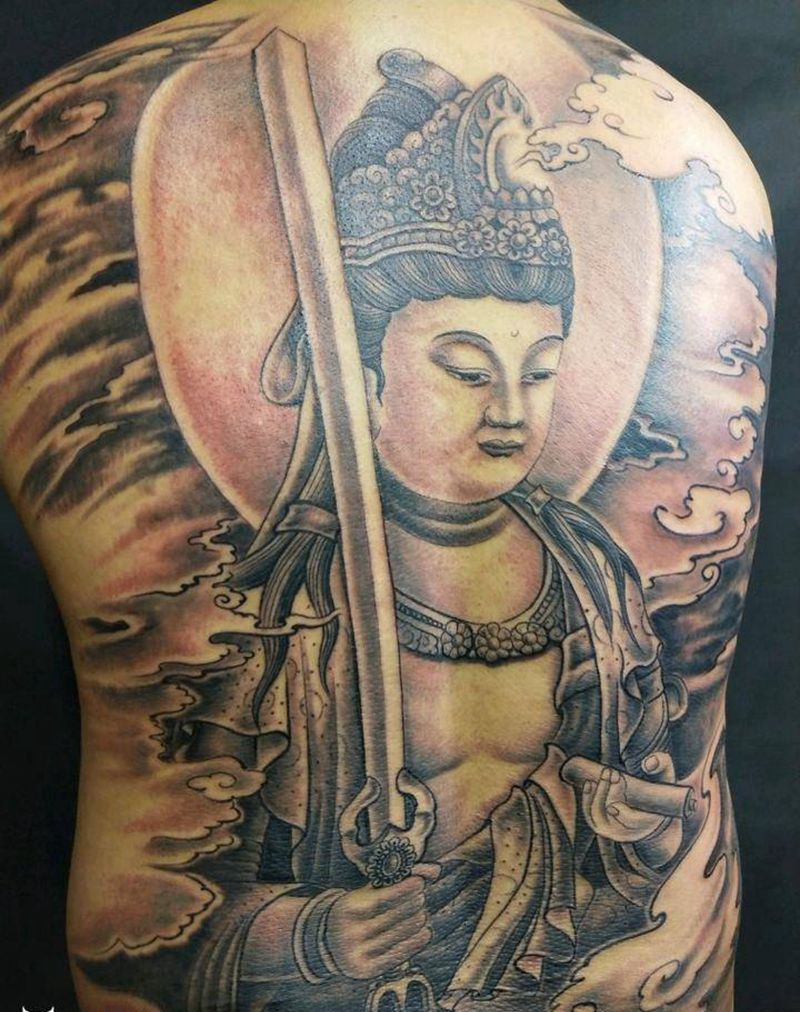 普贤菩萨纹身图片_背部传统习俗肖像人物鬼神宗教成品手稿纹身图案
