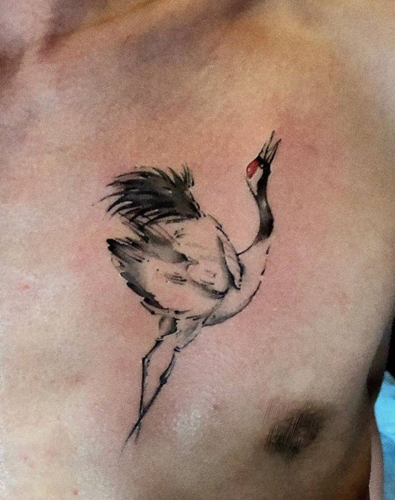 仙鹤纹身图片_胸部水墨纹身图案