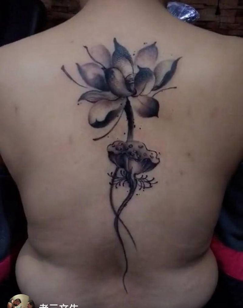 荷花纹身图片_背部纹身图案