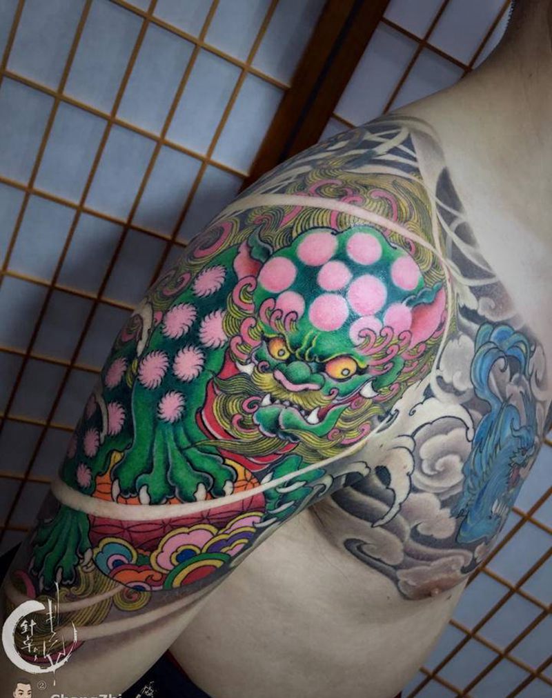 半甲添加修改设计纹身图片_肩部背部新传统唐狮老虎貔貅纹身图案