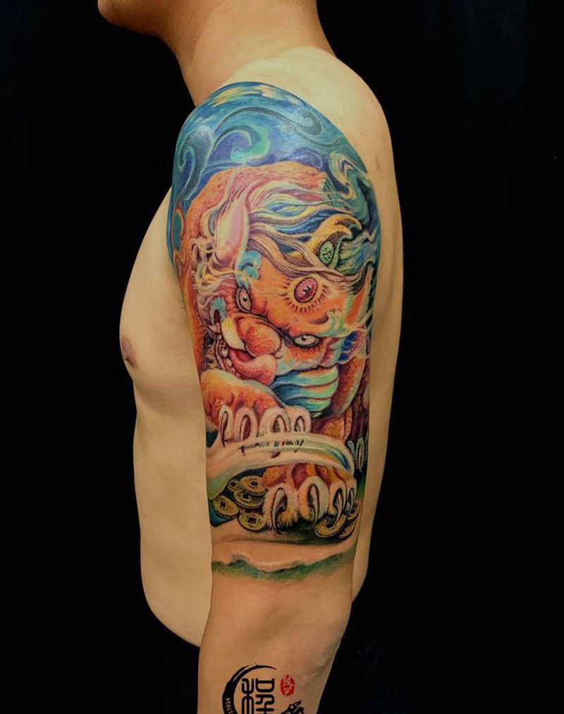 貔貅纹身图片_手臂水彩新传统貔貅纹身图案