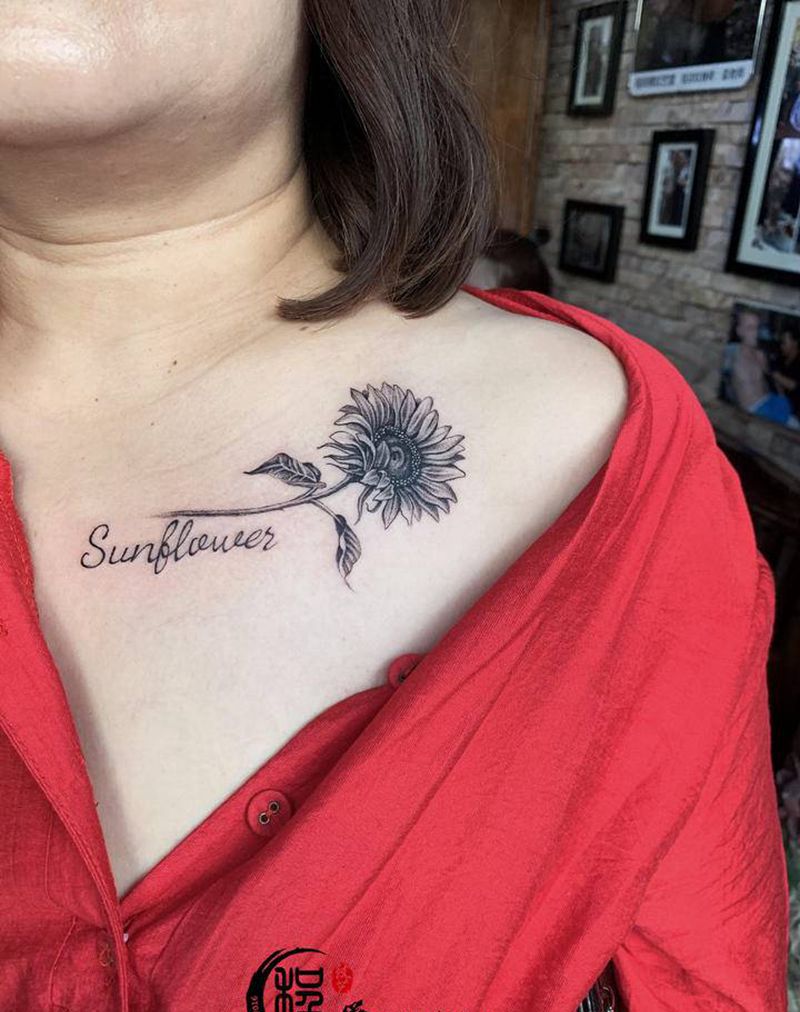 向日葵纹身图片_胸部新传统纹身图案