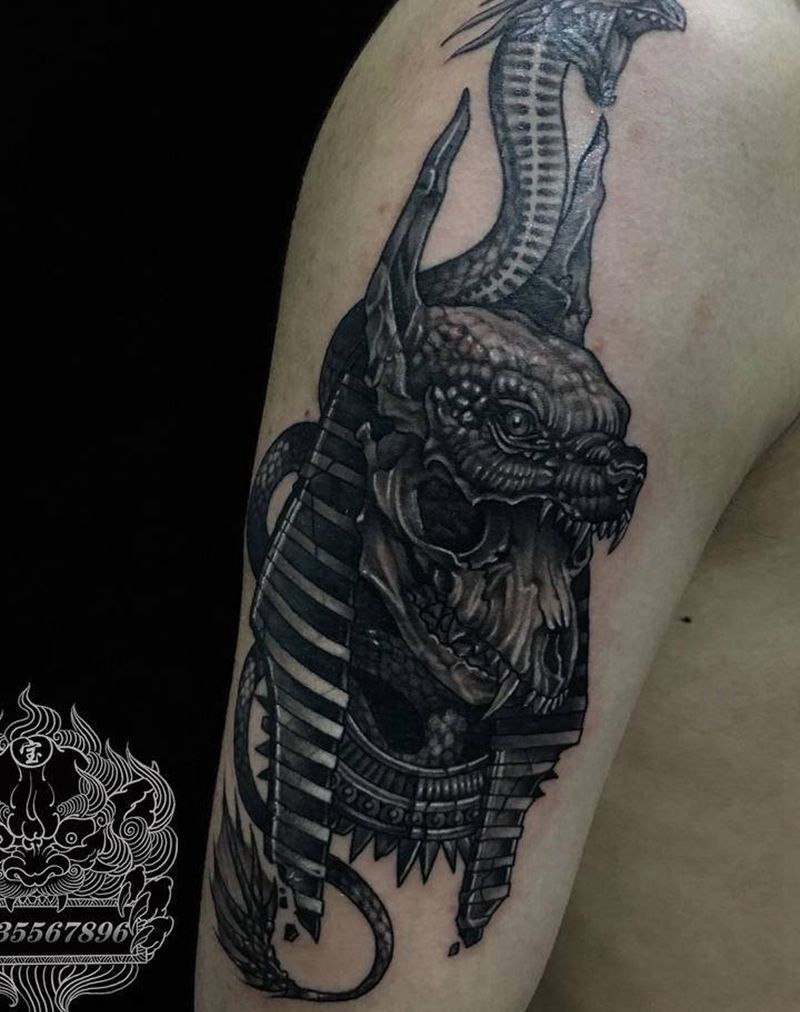 阿努比斯纹身图片_手臂欧美写实阿努比斯狗头骷髅纹身图案