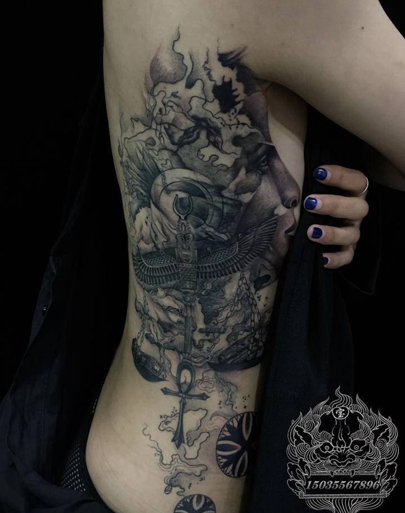 遮盖作品纹身图片_腰部欧美写实遮盖欧美人物纹身图案