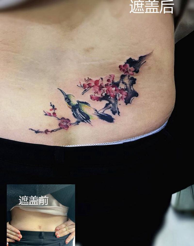 花鸟图纹身图片_腰部新传统纹身图案