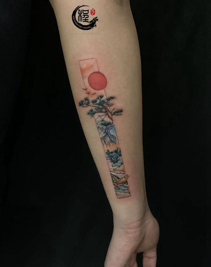 松鹤延年   山水小图纹身图片_手臂新传统纹身图案