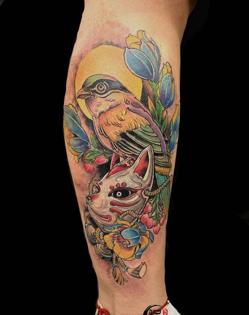 鸟与狐面纹身图片_腿部新传统纹身图案