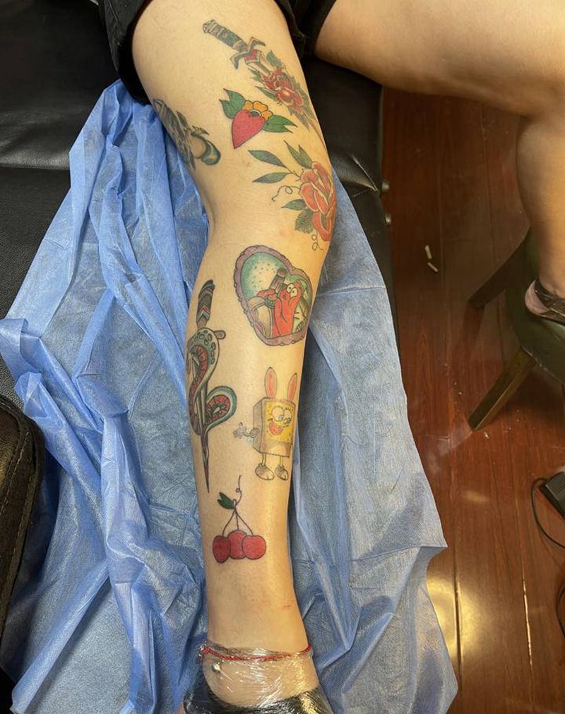 拼接oldschool花腿纹身图片_腿部Old School纹身图案