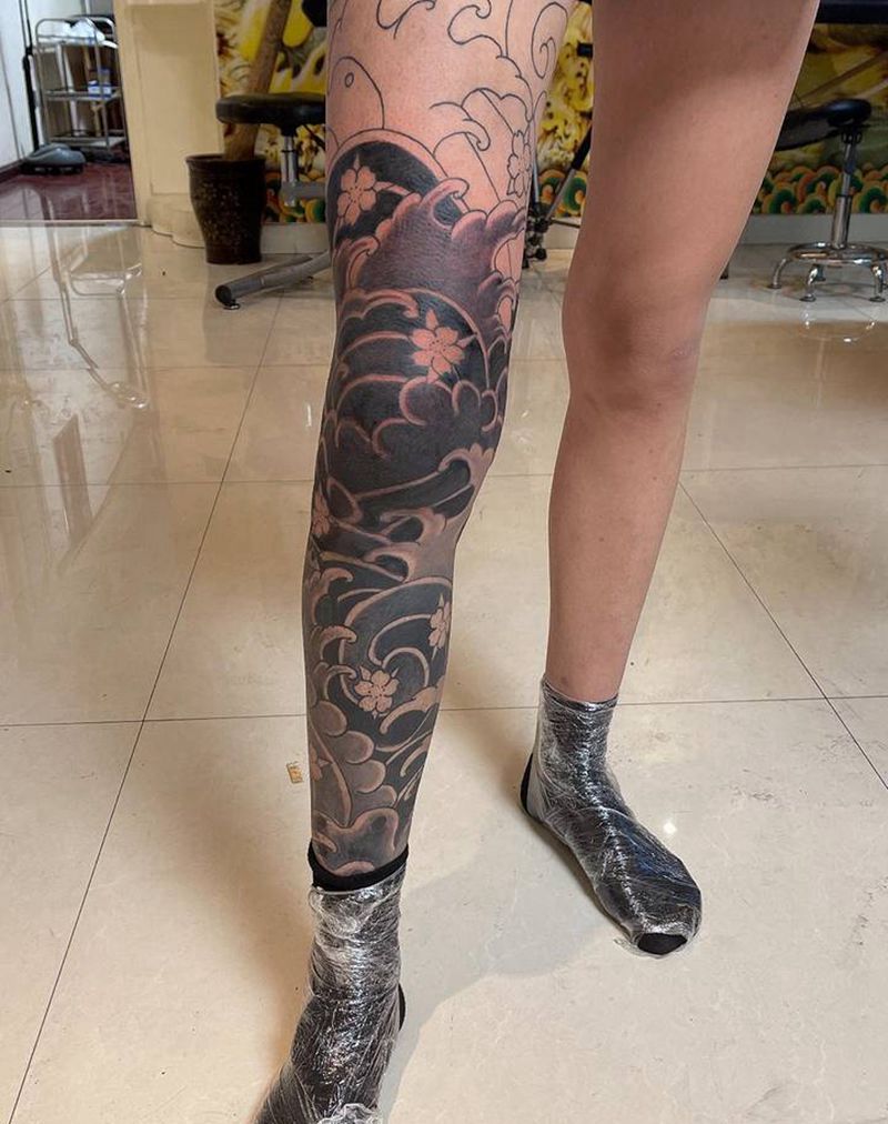 老传统浪腿未完纹身图片_腿部老传统纹身图案