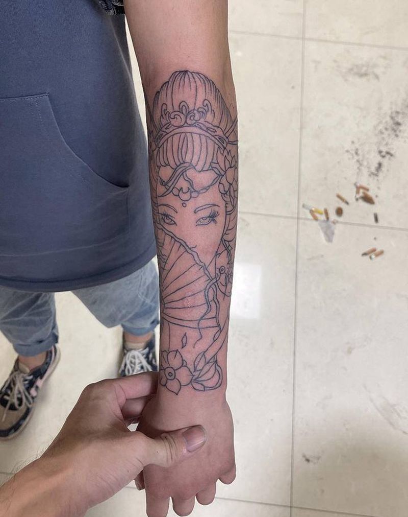 小臂艺妓纹身图片_手臂新传统纹身图案
