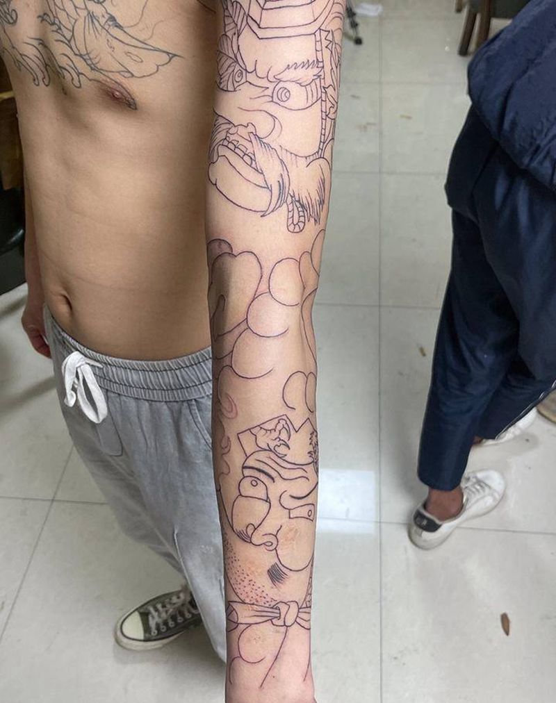 火男天狗花臂线纹身图片_手臂老传统纹身图案