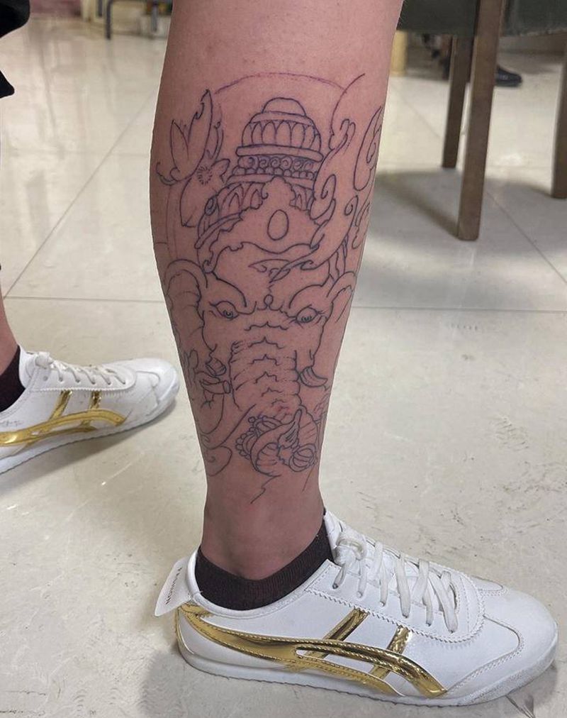 小腿象神纹身图片_腿部新传统纹身图案