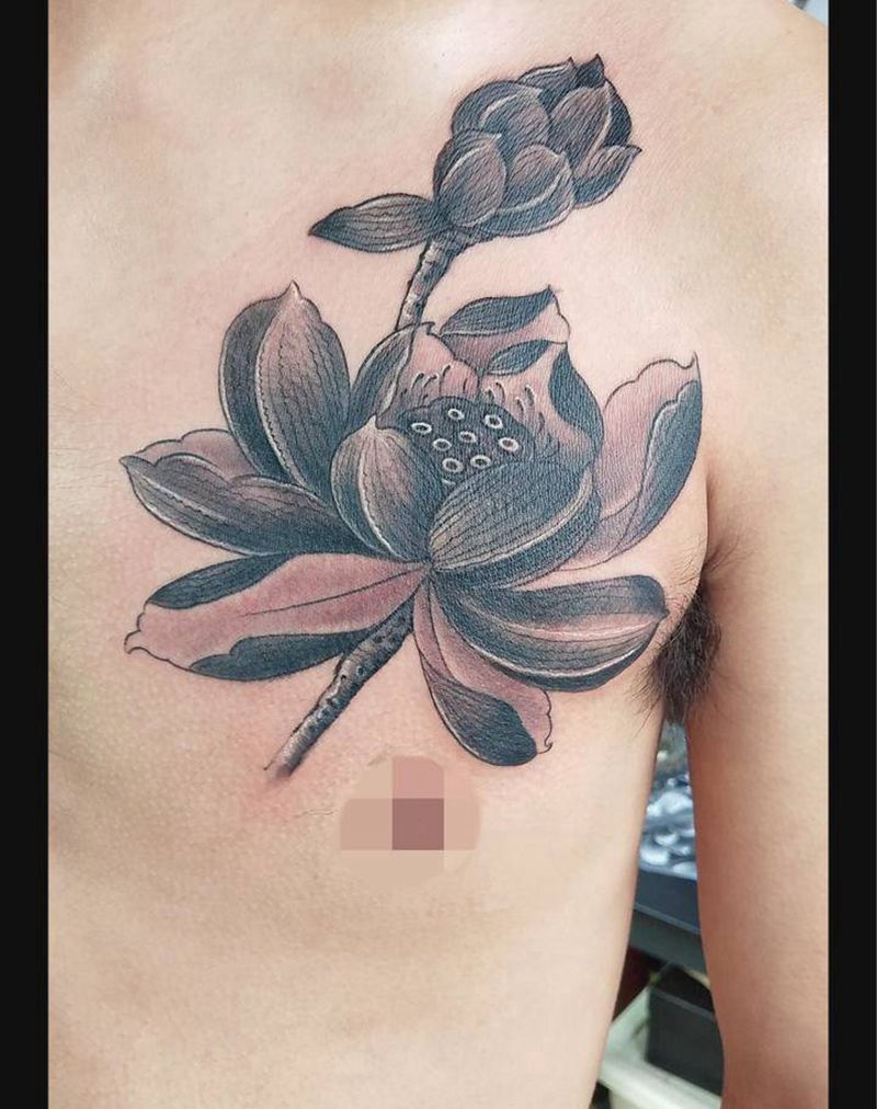 胸口莲花纹身图片_胸部新传统纹身图案