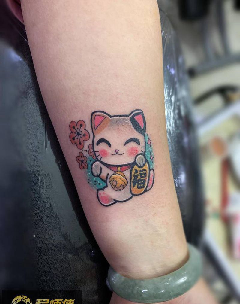 招财猫纹身图片_手臂新传统纹身图案