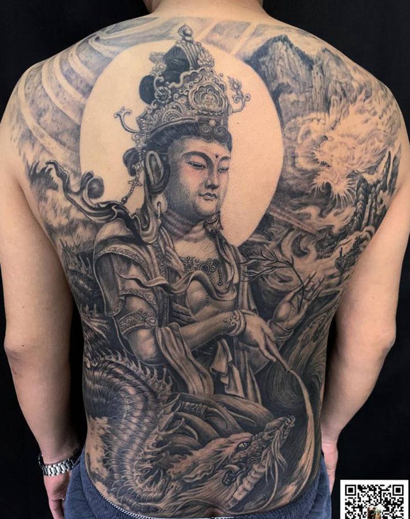 观音御龙纹身图片_背部新传统纹身图案