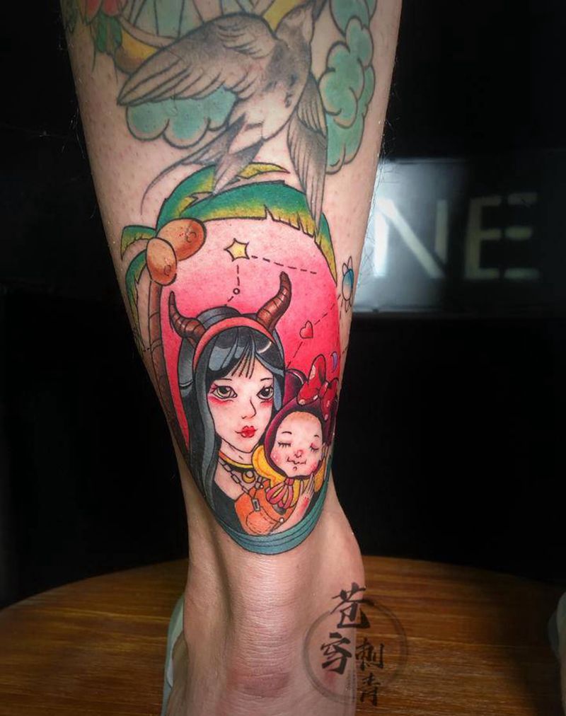 原创设计 妈妈和宝宝纹身图片_腿部Old School纹身图案