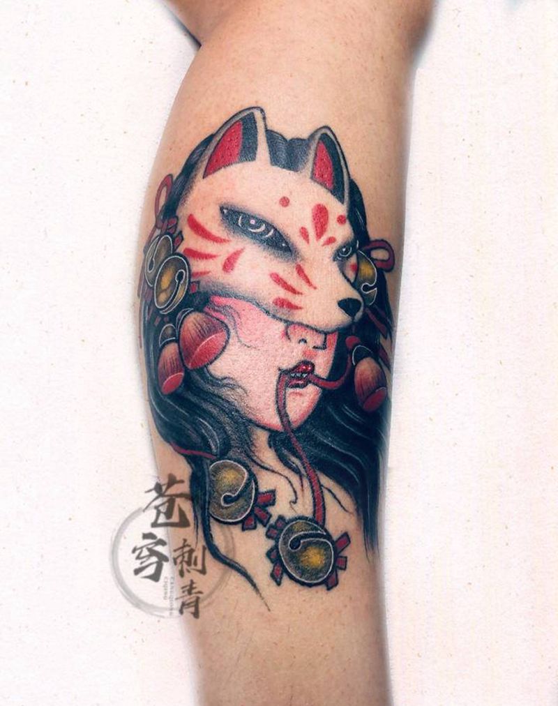 艺妓狐狸面具纹身图片_欧美新传统纹身图案