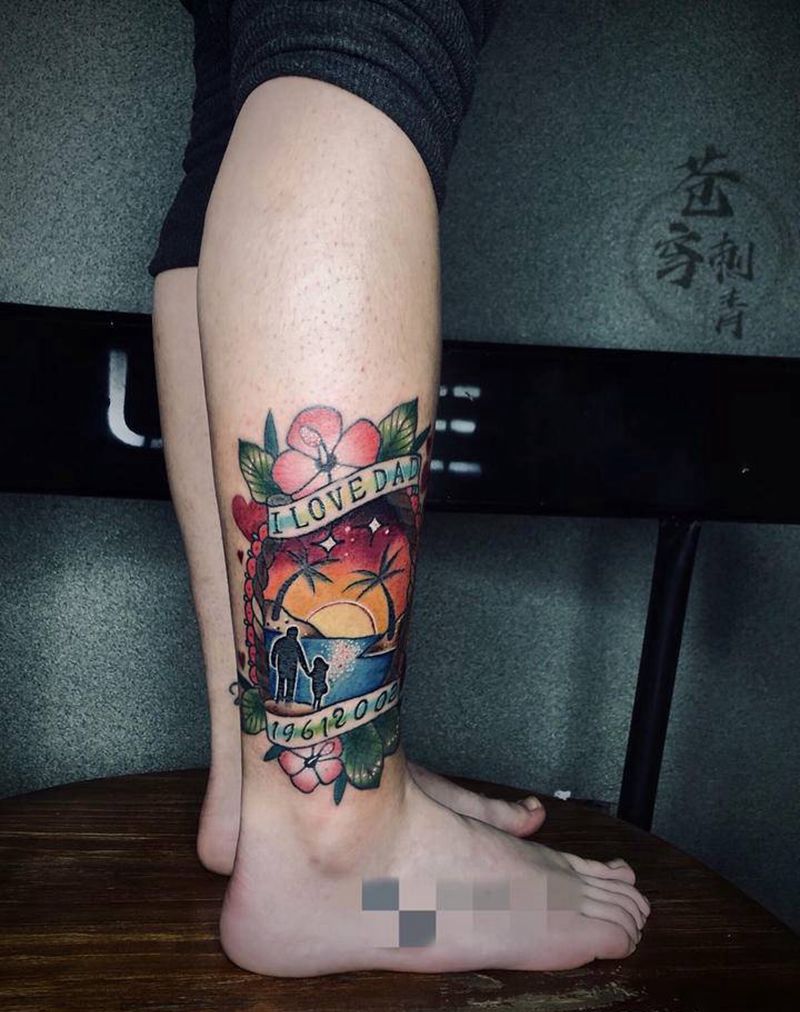 女儿和爸爸纹身图片_臀部腿部Old School纹身图案