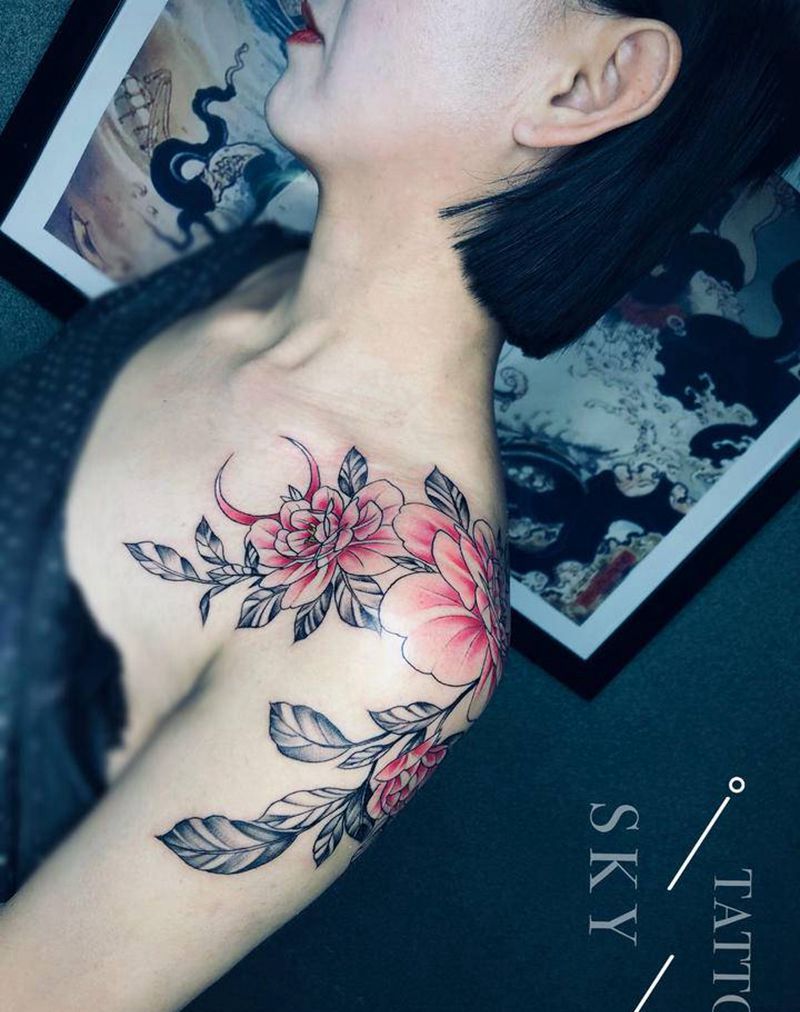 素花纹身图片_颈部肩部小清新纹身图案