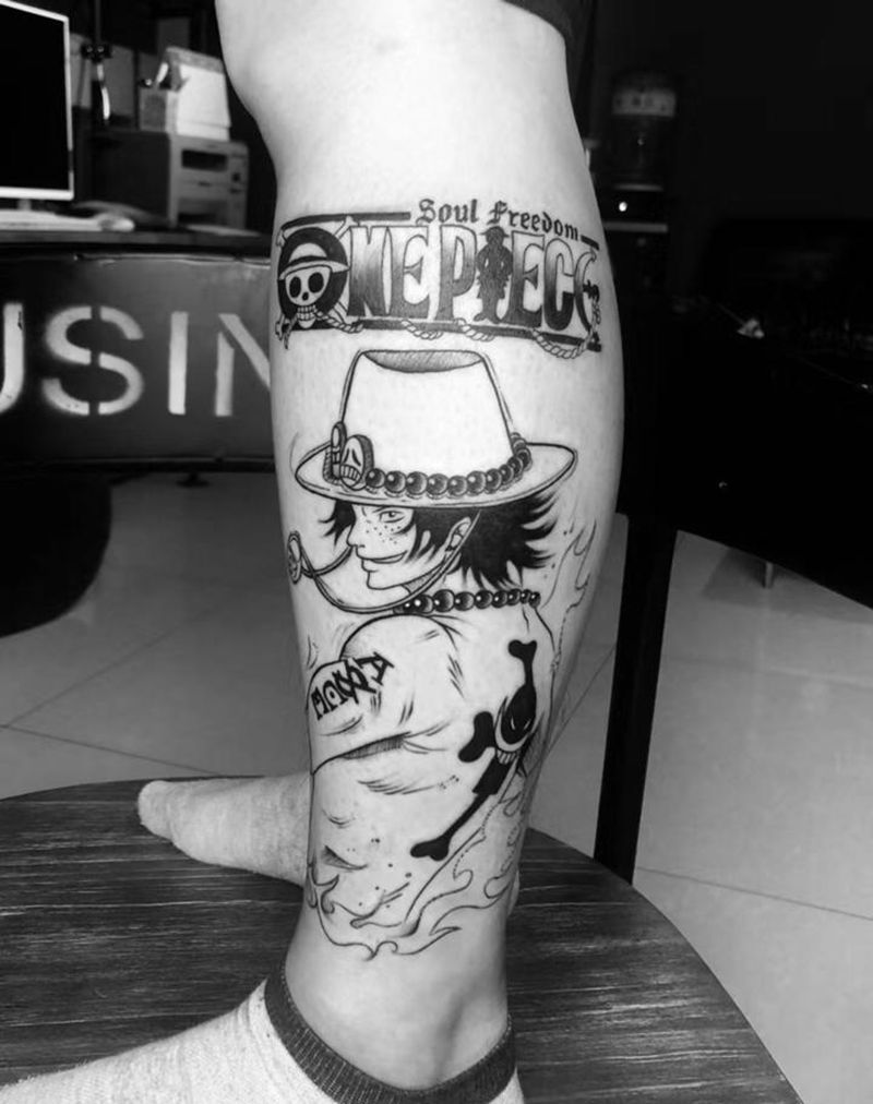 路飞纹身图片_腿部卡通纹身图案