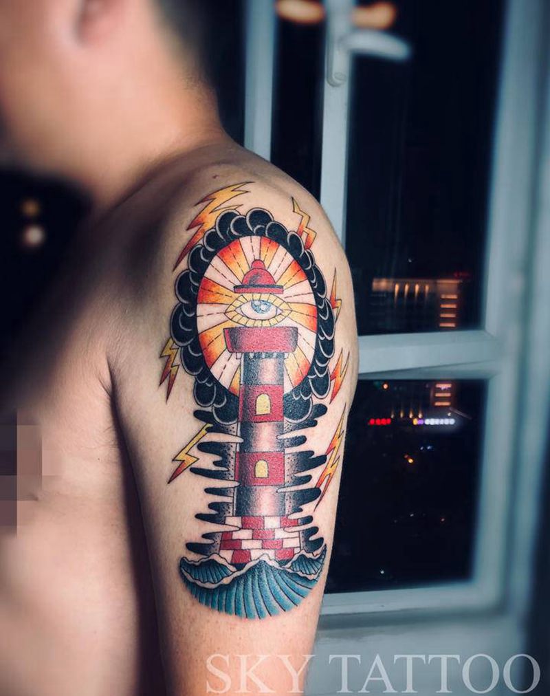 灯塔纹身图片_手臂Old School纹身图案