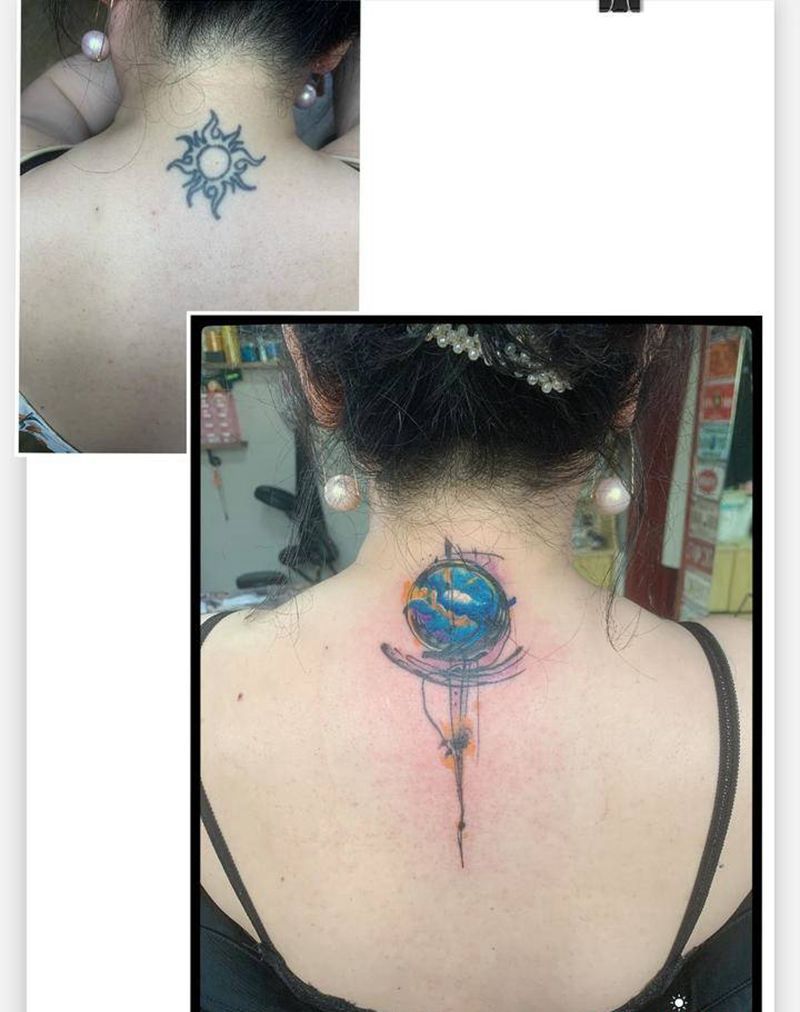 遮盖纹身图片_背部水彩纹身图案