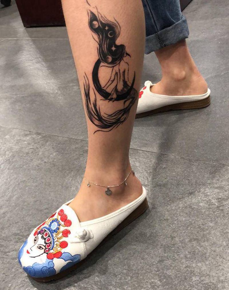 美人鱼纹身图片_腿部纹身图案