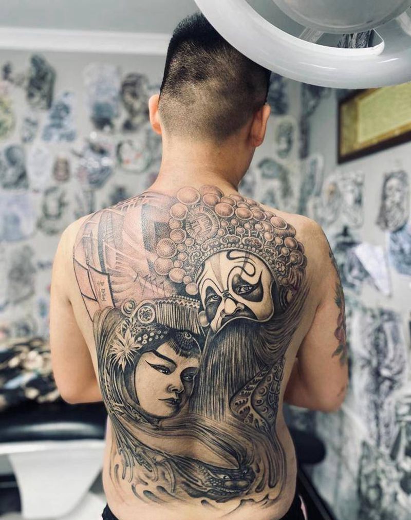 霸王别姬纹身图片_背部新传统人物纹身图案