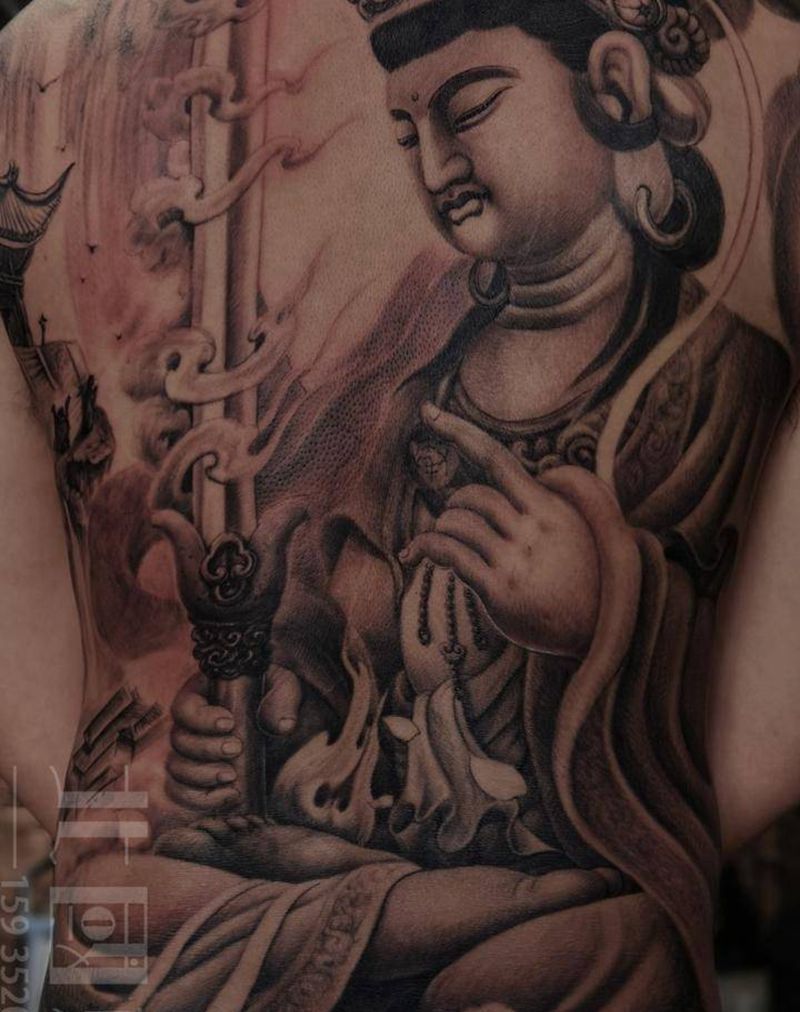 虚空藏纹身图片_臀部背部老传统新传统满背菩萨满背佛纹身图案