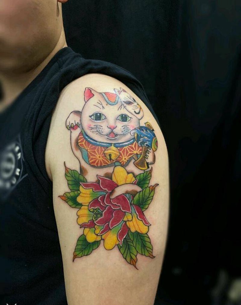 招财猫纹身图片_手臂New School纹身图案