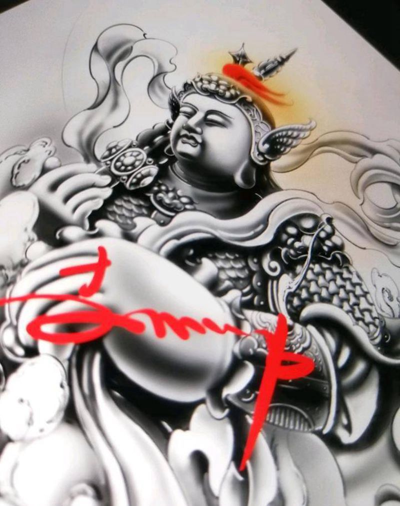 韦陀菩萨手稿纹身图片_背部手臂新传统老传统韦陀菩萨纹身图案