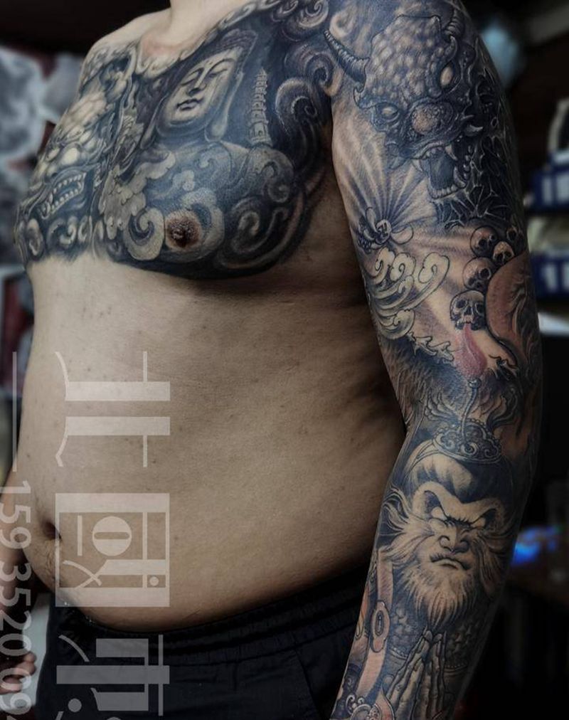 花臂花胸纹身图片_手臂胸部新传统老传统石雕凤凰猴子纹身图案