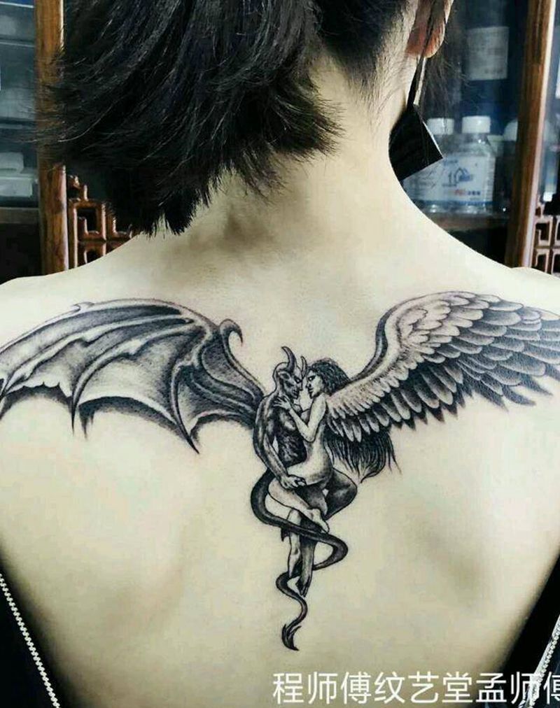 恶魔与天使纹身图片_背部新传统纹身图案