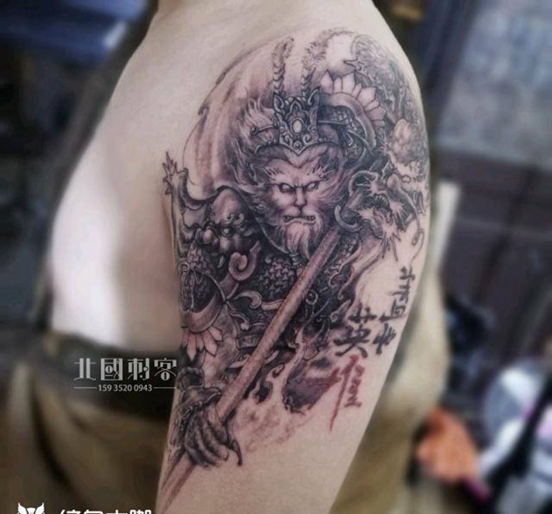 猴子纹身图片_手臂新传统老传统猴子美猴王孙悟空纹身图案