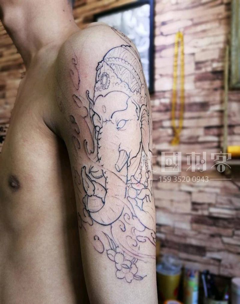 象神线条纹身图片_手臂肩部新传统老传统象神纹身图案