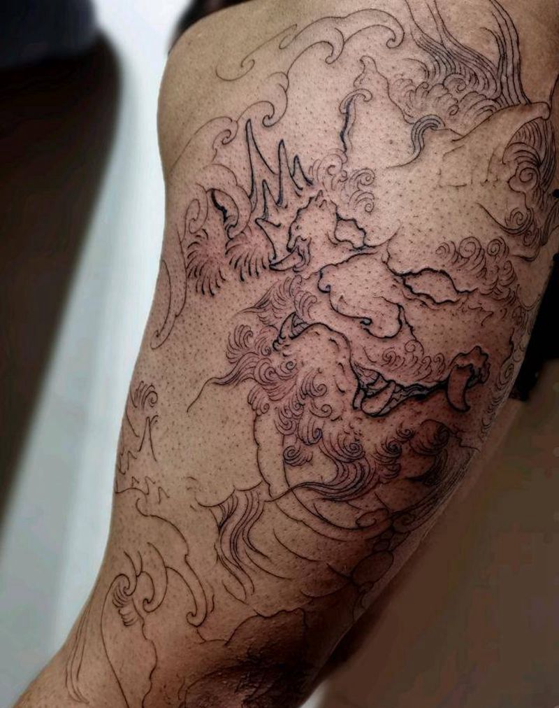 谛听，线条纹身图片_腿部臀部新传统老传统谛听彼岸花纹身图案