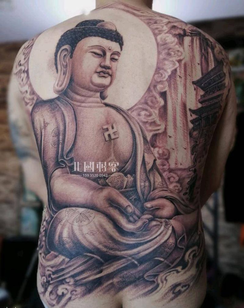 阿弥陀佛纹身图片_背部腰部新传统老传统满背佛阿弥陀佛大日如来纹身图案