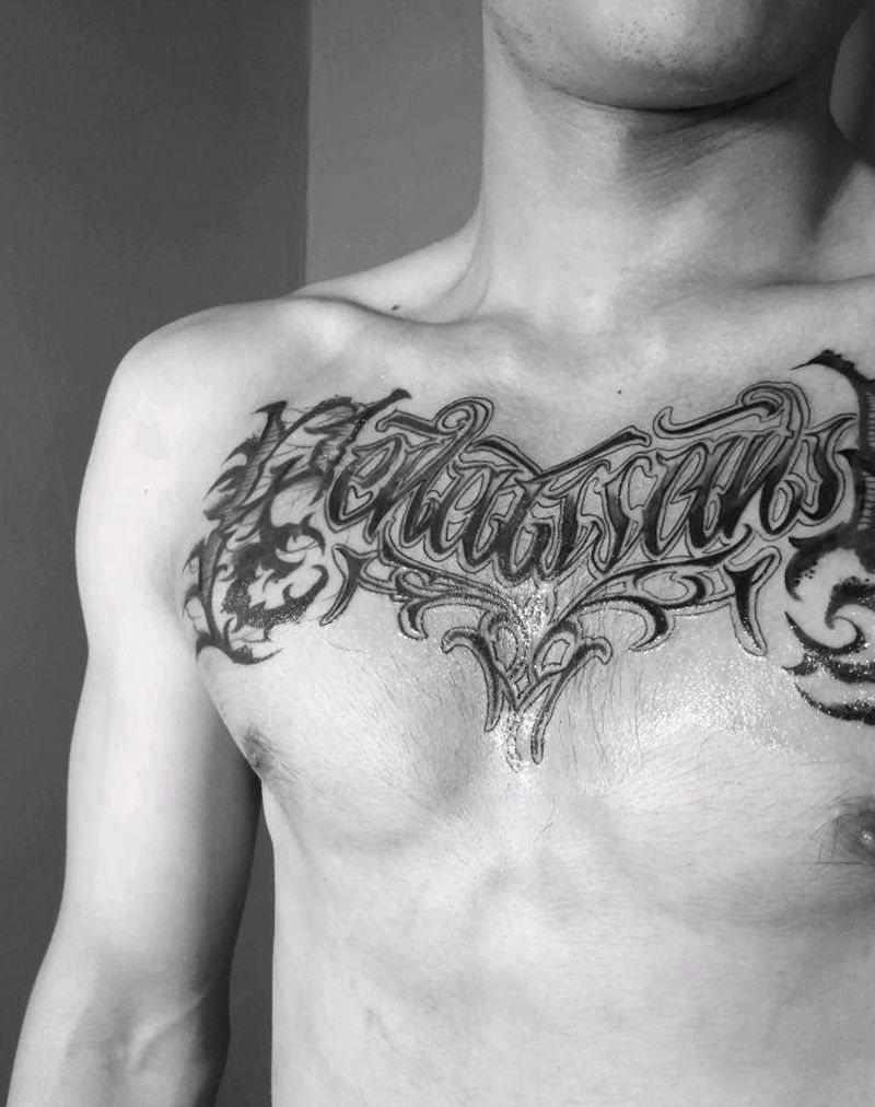 花胸花体字纹身图片_胸部花体字纹身图案