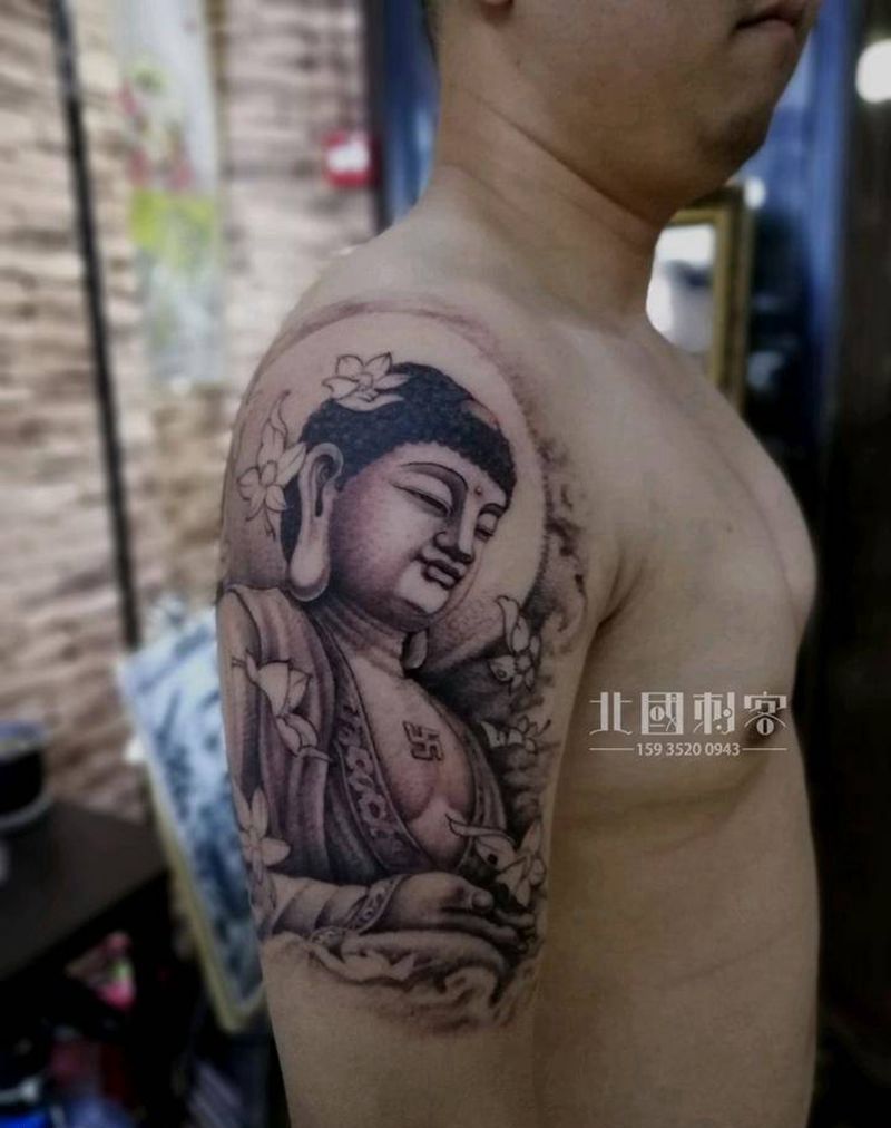 阿弥陀佛纹身图片_手臂肩部老传统新传统阿弥陀佛大臂佛纹身图案