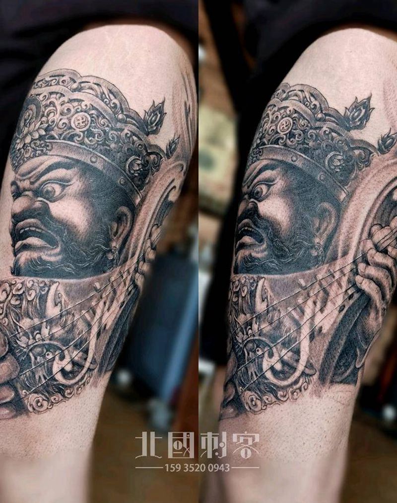 东方持国天王纹身图片_腿部新传统老传统四大天王花腿纹身图案